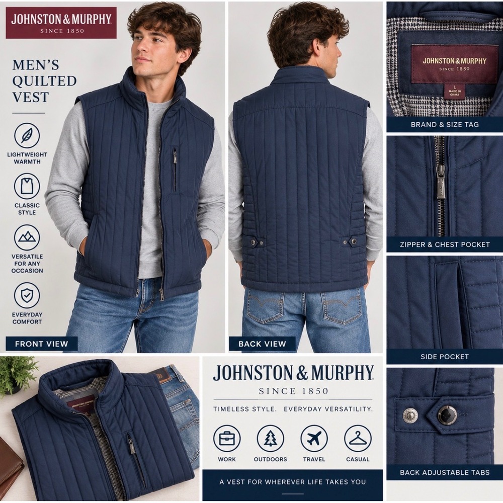 Johnston & Murphy Mens Quilted Vest Navy Blue Plaid Lining Size Large 49-1336